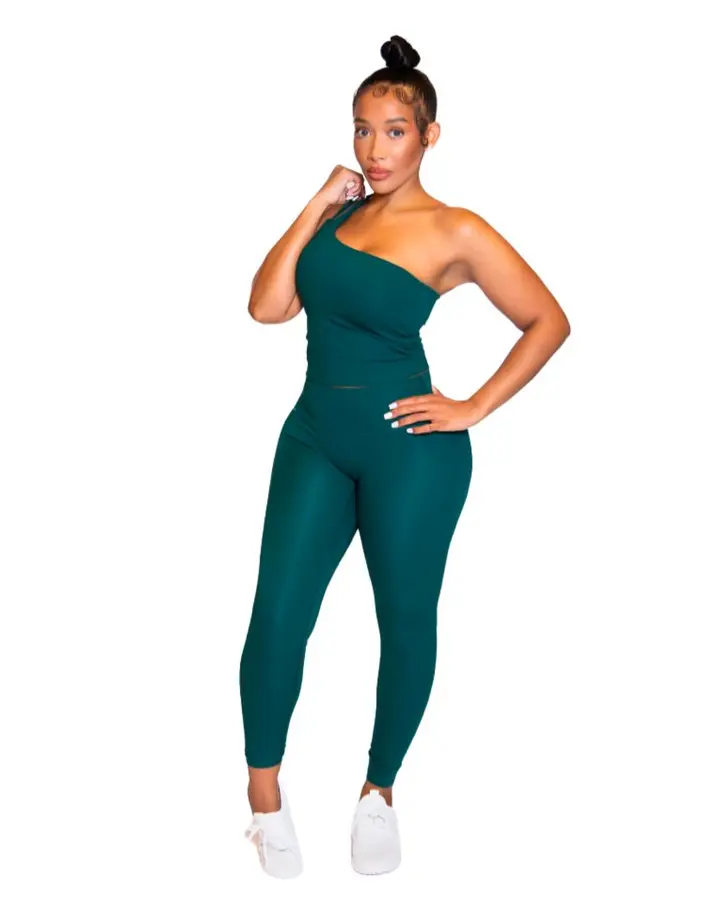 One Nation One Shoulder Doll Set Slim-Fitting Asymmetric One-Strap Crop Top & High-Rise Sculpting Leggings in Blue Green Yellow Green Cream Brown