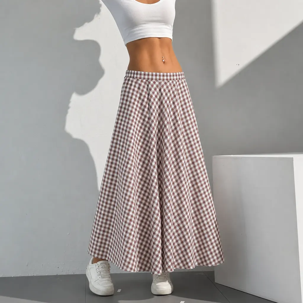 Women's Vintage Gingham Tartan Bohemian Maxi Skirt, High Waist A-Line Loose-Fit in a Soft Polyester Blend with Pockets, Skirts, Long Skirt