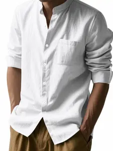 Men's stand-up collar long-sleeved shirt, Casual button down, adjustable cuffs, single-breasted fitted button-up top, breathable chest pocket side buttons for adjustment, casual linen long-sleeved shirt