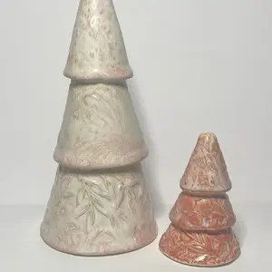 Handmade Ceramic Tree 3 Tier and Mini Size Rose Quartz Pink Icing Aurora Green Brown Lustre Glaze Holiday Decor with Intricate Patterns Crafted in Gainesville Georgia