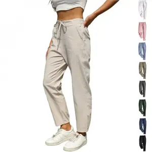 2026 Women's Linen Pants Casual High Waisted Drawstring Beach Trousers Elastic Waist Tapered Bottoms Basic Style Comfortable Lightweight Cotton Linen Blend