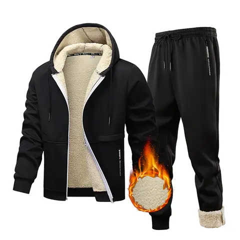 Men's 2-Piece Hoodie and Pants Set - Long Sleeve Warm Fleece Hooded Jacket, Versatile Outdoor Pants, Complete Coverage Cozy Plush Menswear Clothes Outfits