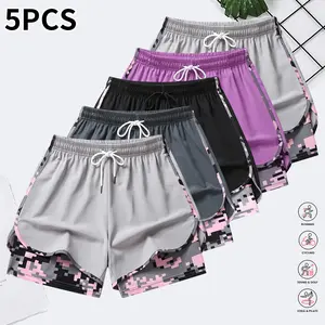 Double-layer faux two-piece capri pants; women’s summer 5-pack camouflage shorts; breathable, quick-dry compression base layer pants with elastic drawstring waist; suitable for fitness training, casual sports, running, and gym wear.