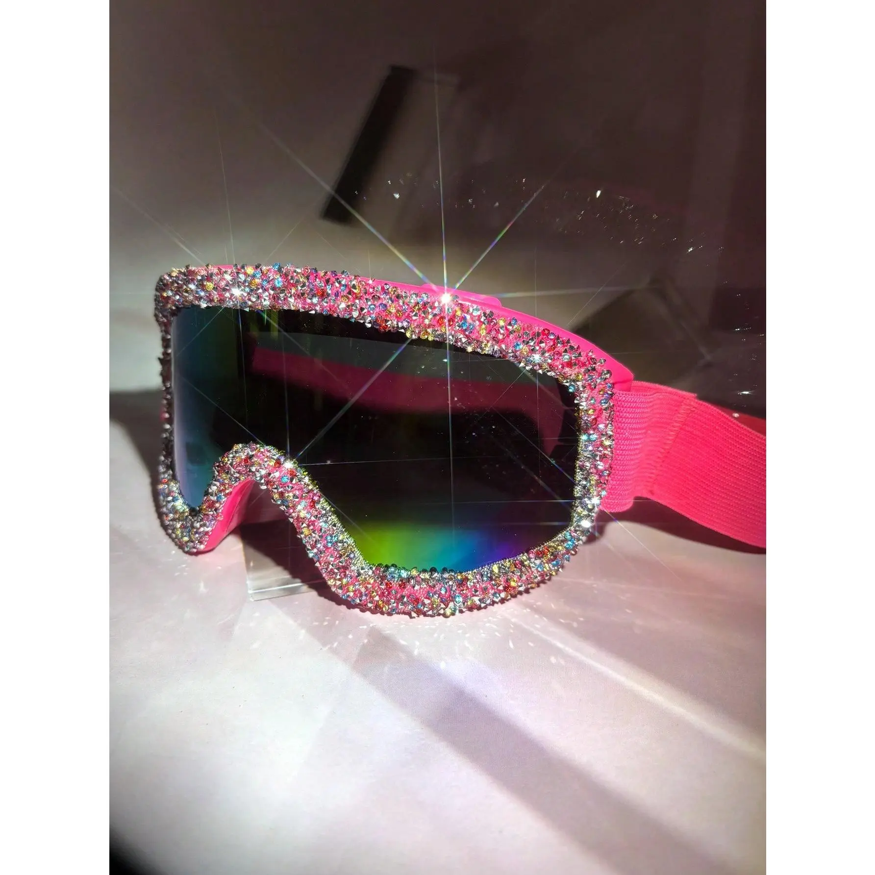 1pc Rhinestone-Decorated  Full-Coverage Women's Fashion Protective Soft Ski Goggles, rich girl sunglasses Light Masks Silicone Lightweight Water Proof Rose Pink-Caizuan-Toutao-Box