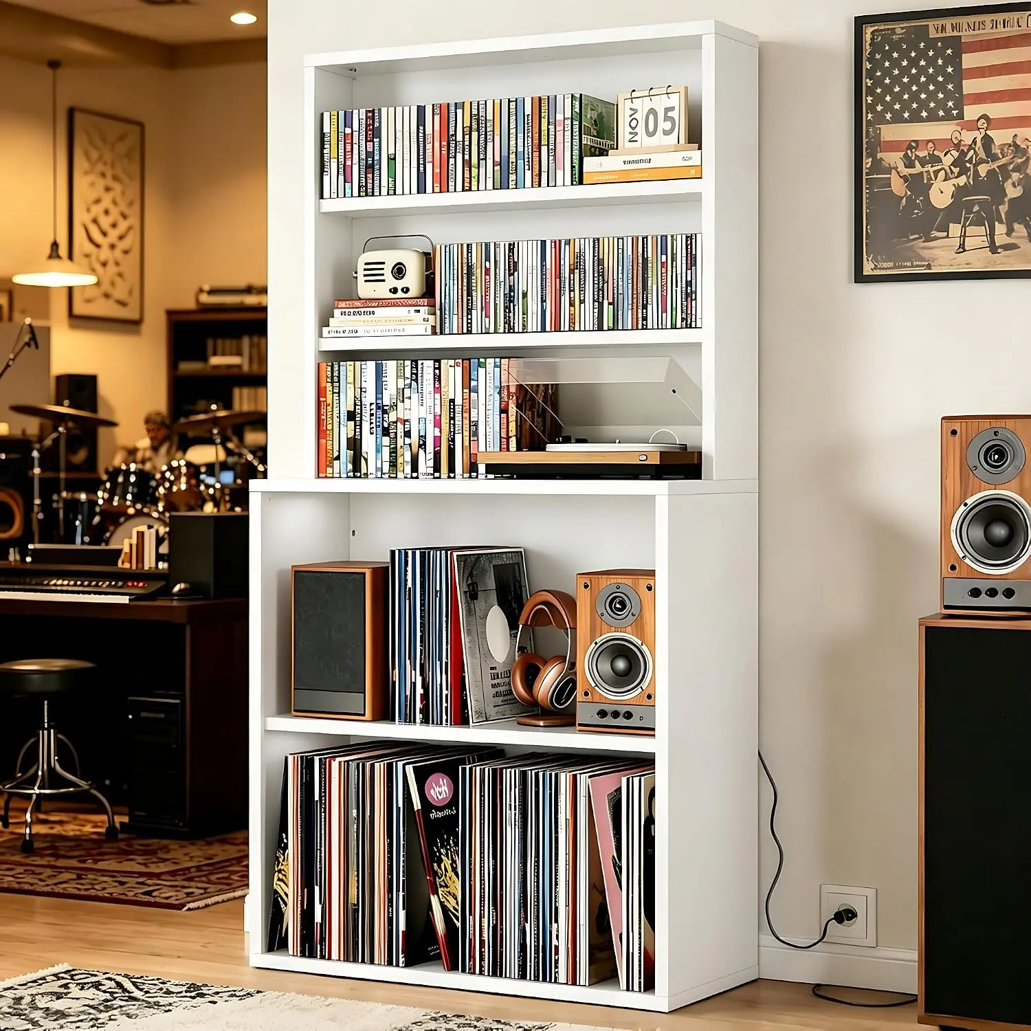 Vinyl Record Storage Rack, 5-Tier CD Rack Tower with Record Player Stand, Vinyl Record Stand & DVD Shelf for CDs/DVDs, Albums, Games, Media Cabinet for Living Room (White)