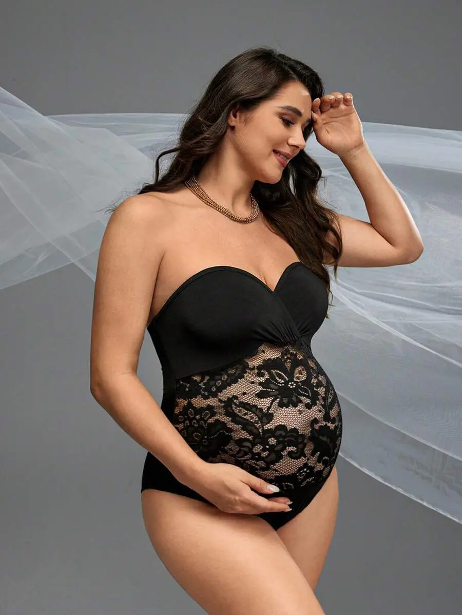 SAMT Maternity Summer Lace Patchwork Strapless Bodysuit Sexy
