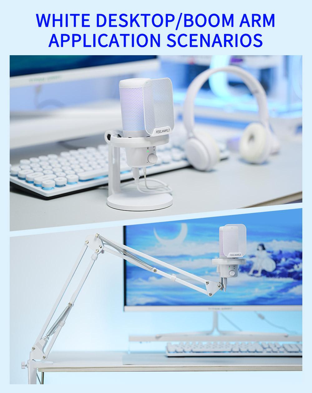 FEELWORLD VM1 White Gaming PC USB Microphone with Boom Arm Stand Noise Cancellation RGB Light Mute for Gamer YouTube Twitch Podcast Streaming Recording Chat PS4 PS5