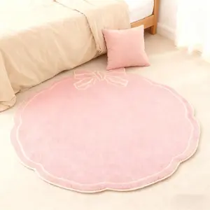 1pc French Cream Style Blue Bow Bedroom Decoration Carpet Home Decor Rugs Ins Cute Pink Princess Style Living Room Plush Rug Fluffy Soft Dressing Table Round Non-slip Mat Modern Simple Romantic Balcony Washable Foot Mat