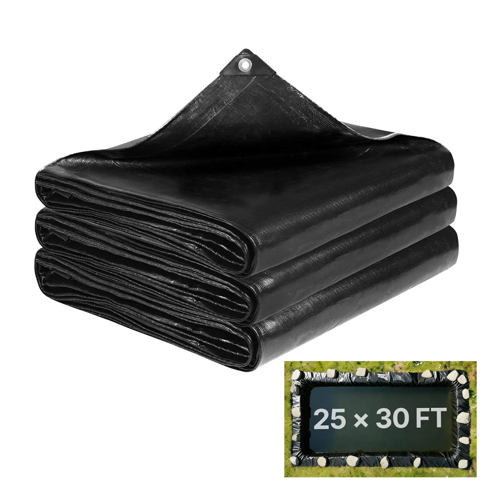 VEVOR 25 x 30 ft Pond Liner, 14 Mil Thickness, 3-Layer Reinforced PE Fish Koi Pond Liner for Outdoor Ponds, with Hemmed Edge and 4 Metal Buttonholes, for Water Garden, Waterfall, and Fountains, Black#BacktoSchool, Duck Ponds, Planter Liners