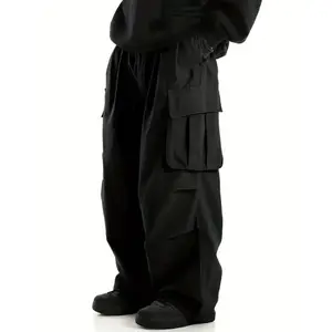 Solid Multi Flap Pockets Men's Straight Leg Cargo Pants, Loose Casual Outdoor Baggy Work Pants Streetwear Menswear Polyester