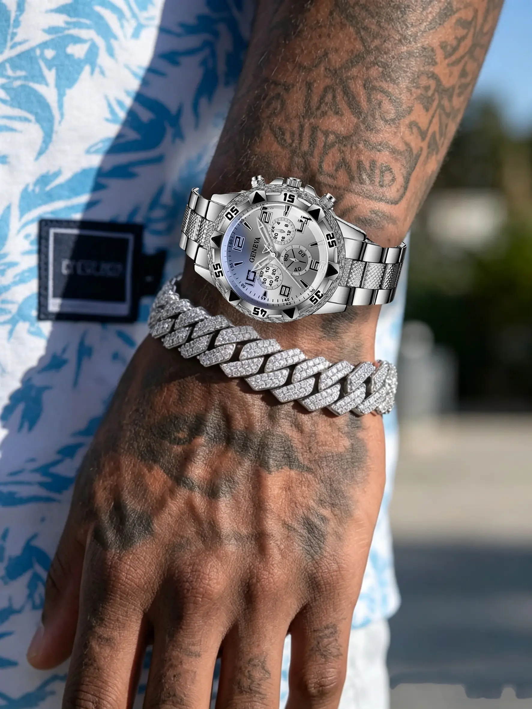 2pcs Men's Watch Bracelet Set, Trendy Street Style, Trendy Street Look, Luxury Fashion Watch Set, Chain Bracelet, Perfect Gift for Men