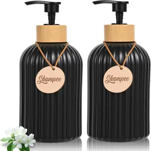Portable Ribbed Pump Bottle Set with Wooden Sign, 2 Counts/set Stylish Kitchen Washing and Bathroom Hand Washing Bottle, Soap Dispenser, Home Organizer, Soap