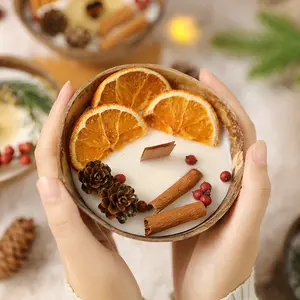 Natural Coconut Bowl Scented Candles 1-2pcs - Plaster Dried Flower Aroma (Orange Cinnamon Lemon), Creative Home Decor for Bedroom & Party, DIY Gift for Christmas, Valentine's, Ramadan & Wedding, Aromatherapy Centerpiece, Crafts