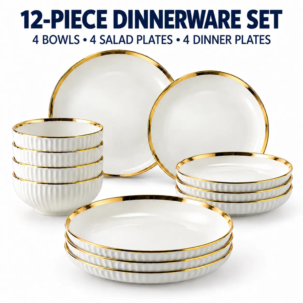12-Piece Vertically Ribbed White Porcelain Dinnerware Set - Sturdy, Scratch-Resistant Dinner Plates, 4.53in Cereal Bowls, Lightweight Artisan Dishes Set with Double Reactive Glaze, For 1-5 People, Stylish Gift Option