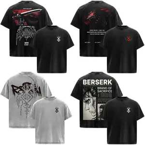 Guts Berserk Anime Manga Acid Washed 230GSM Heavyweight Cotton T Shirt Collection - Size S to 3XL - Unisex Vintage Streetwear Oversized Crewneck Merch - Gift for Anime Fans