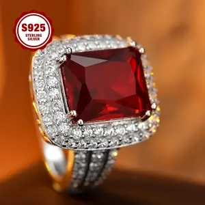 925 Sterling Silver Lady's Ring, With Luxurious And Fashionable Design, Red Princess Square Cut, Set With 5A Zirconia Stones, Suitable For Daily Wear, Engagement Ring, Parties, As A Gift For Your Girlfriend.