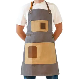 Canvas Apron With Leather Accents - Grey chef apron Adjustable Cross-Back