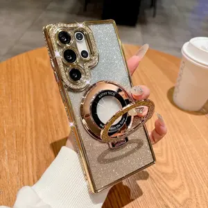 Glitter Stand Holder Protective Shockproof Phone Cover Cellphone Case For Samsung S25 Edge S24 FE S25 FE S23 S22 Ultra Plus Luxury Plating Gradient Cases Wireless Charging Plating Cover Smartphone