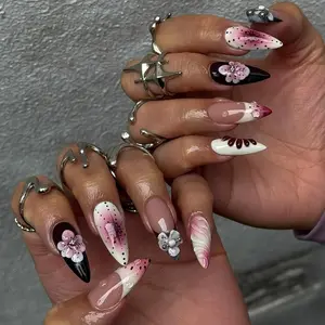 Cherry Blossom Almond Press On Nails | Black Pink Ombre 3D Floral | Handmade Spring Sakura Fake Nails