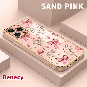 Plating Mobile Phone Case for iPhone 15 Pro Max 16 14 Plus 13 12 11 X XS Max XR Bow & Bloom  Printed Soft Silicone TPU Glossy Anti-oil Protective Cover