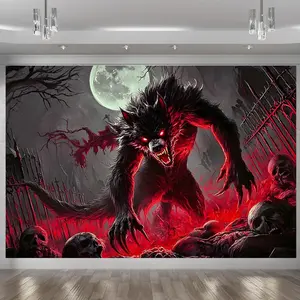 Modern Farmhouse 1pc Gothic Werewolf Tapestry Party Banner - Dramatic Red & Black Halloween Decoration, Amber Glow Polyester Wall Hanging for Home, Room, and Event Decor, Perfect for Spooky Themed Parties