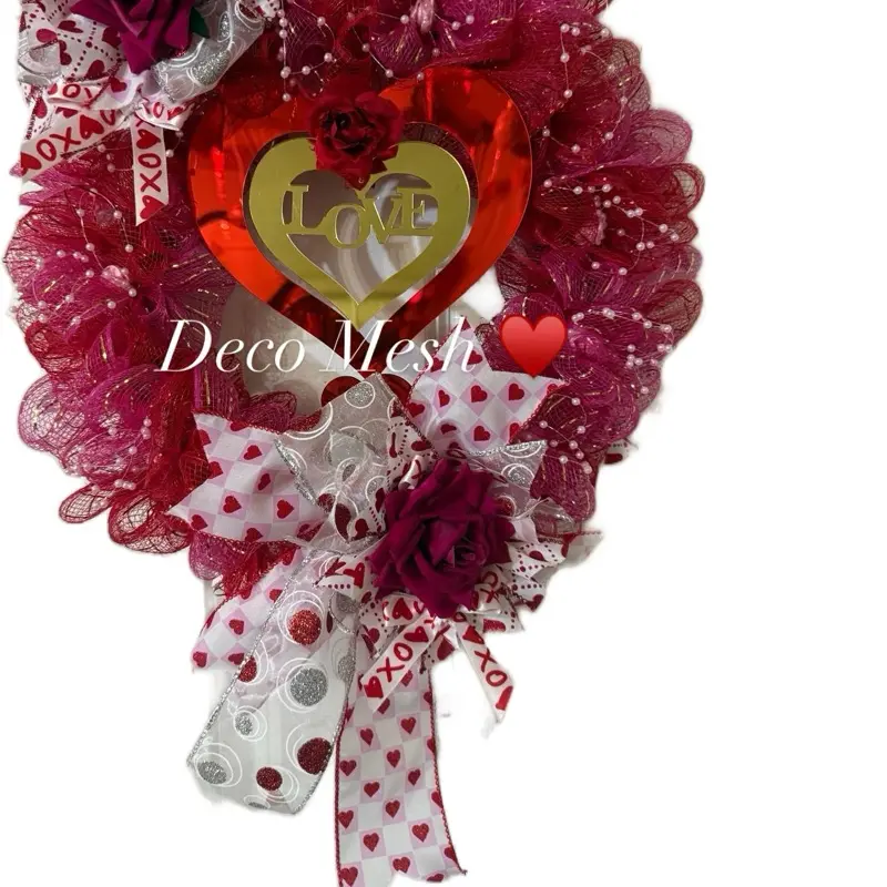Handmade Valentine’s Day Heart Wreath with Roses, Red & Pink Deco Mesh, Romantic Front Door Decor