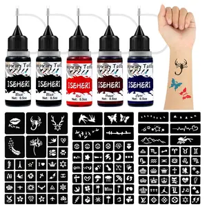 Temporary Tattoo Kit 5 Bottles Color Inks,115 Pcs Stencils Kit for Body Paint DIY Fake Tattoos for Kids(black*2, brown, red, cyan)