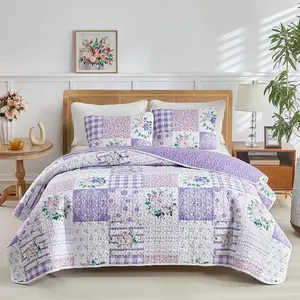 3 count Floral Quilt Set , Patchwork Purple n Pink  Design, Smooth Soft Microfiber Quilt, Bedspread Bed Cover for All Season, 1 Quilt and 2 Pillow Shams- 90x90 inches