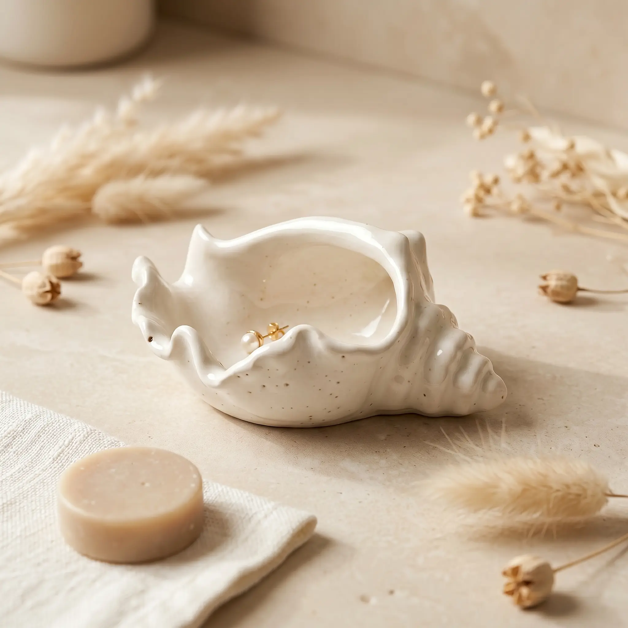 Conch Shell Catchall Bowl Gypsum White 6" | Coastal Jewelry Bowl | Handmade | Sunsum