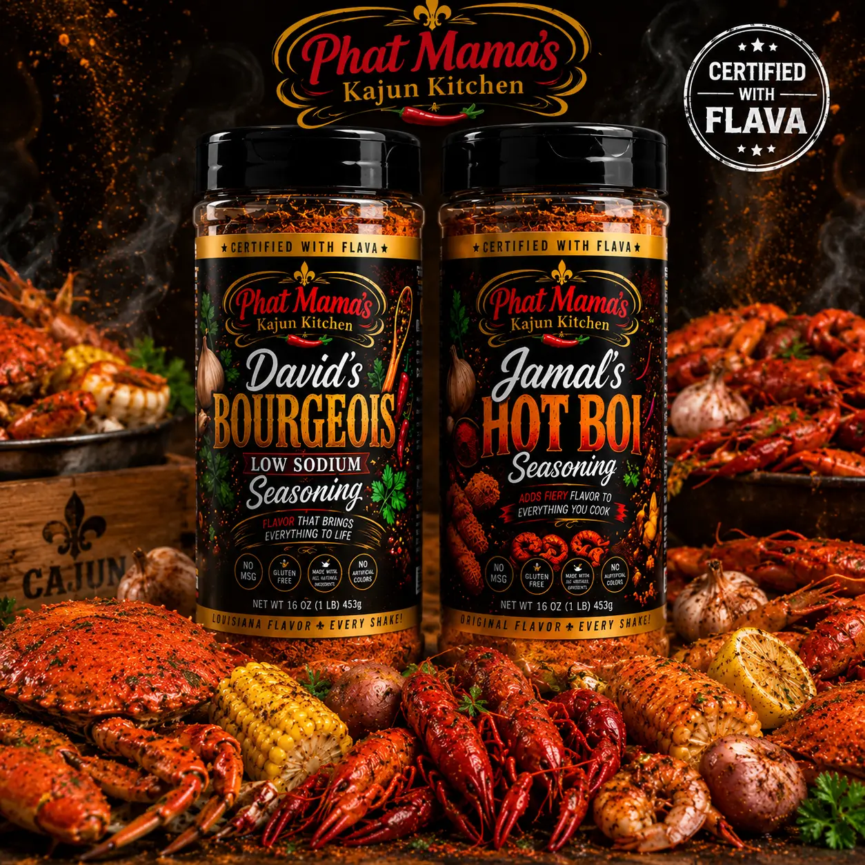 Seafood Lover's & Kick it UP Bundle (Jamal's Hot Boi & David's Bourgeois Seasoning) - Phat Mama's FAMILY SIZE 16 oz