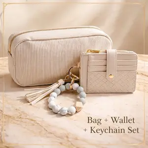 Elegant Bag + Wallet + Keychain Set - Chic Beige Tote with Matching Wallet and Marble Keychain - Perfect for Everyday Use