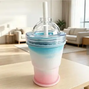 1PC Foldable Ice Tumbler Cup, Soft Silicone & Transparent Plastic - Portable Collapsible, Multi-purpose Ice Mold, Leak Resistant Straw Lid - Outdoor Camping Office Commute Summer Party - Pastel Ombre Pink Blue