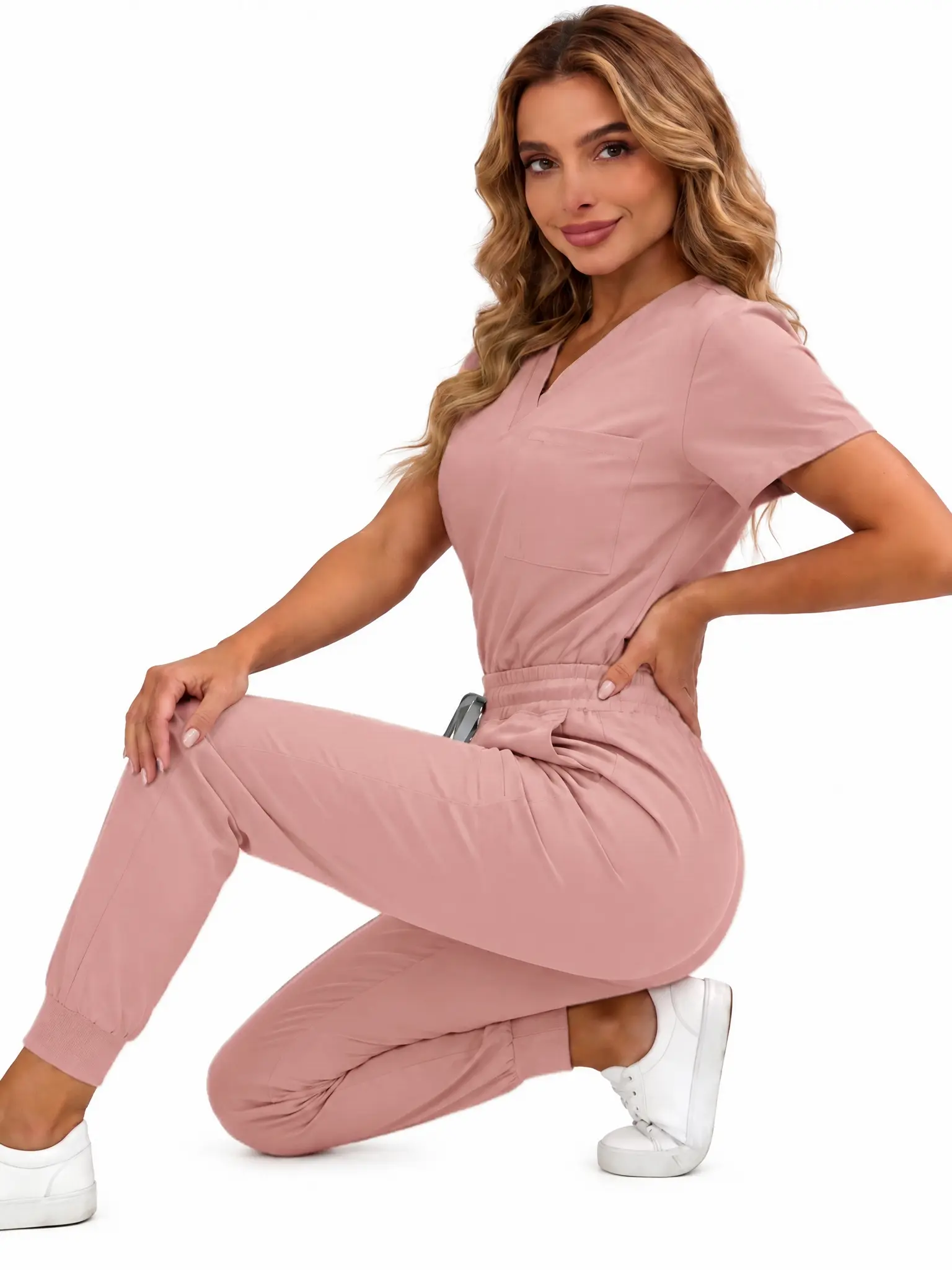Women’s V-neck scrub set: lightweight and breathable, four-way stretch, cuffed pants design for unrestricted movement with a non-restrictive feel, suitable for nurses, dental assistants, and salon staff, sohochic