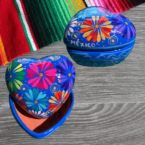 Mexican Artesanias Hand-Painted Clay Jewelry Box with Floral Design for Jewelry Storage Home Decor Handcrafted Artistry Heart Star Circle Shapes