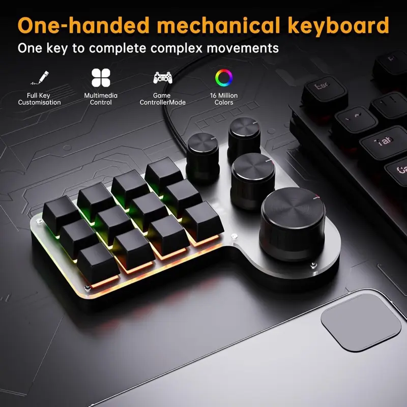 Programmable Macro Keyboard 12-Keys 4 Knob Gaming Keypad with USB Wired+BT Dual Mode Multi-Purpose Shortcut Custom Keypad for PC Desk