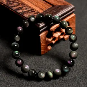Natural Rainbow Eye Obsidian 12mm Beads Bracelet Healing Meditation Triple Stretchy Protection Bracelet