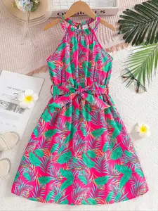 Girls' Summer Bohemian Sleeveless Print Dress, Perfect for Vacation Style, Beach Holiday, Strapless Backless Design, Printed Dress