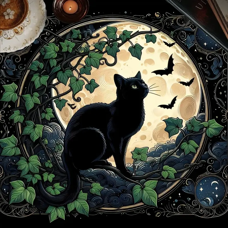1pc Moonlit Black Cat & Bat Table Cover Gothic Witchy Decor and Enchanted Spiritual Room Decoration, Soft Washable Fabric Tablecloth for Halloween Gatherings, Occult Rituals and Dark Aesthetic Home Use