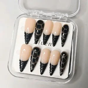 Edgy Nude Press On Nails - French Tip with Snake & Tortoise Print, Long Stiletto Reusable Press Ons for Dark Coquette & Y2K Style
