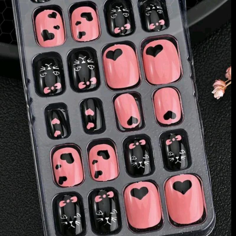 Kids Pink and black hearts press on nails