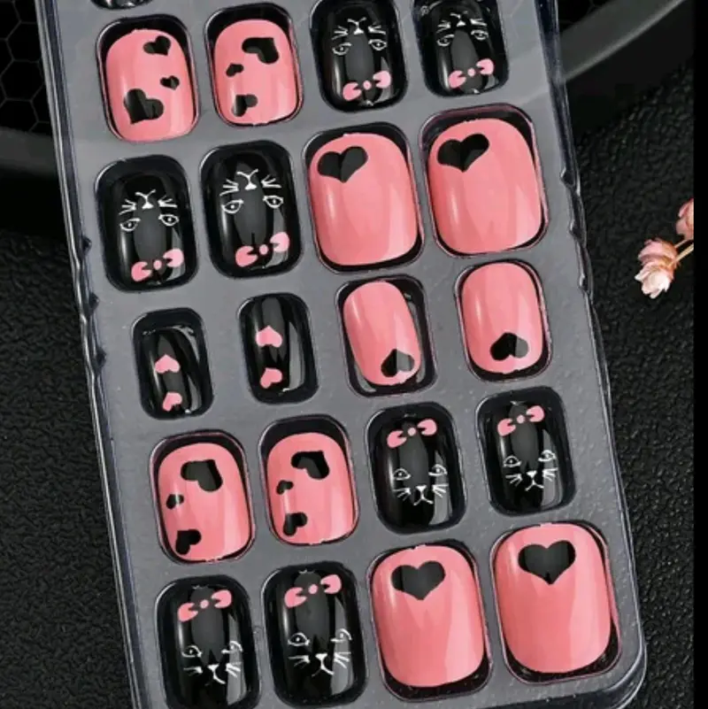 Kids Pink and black hearts press on nails