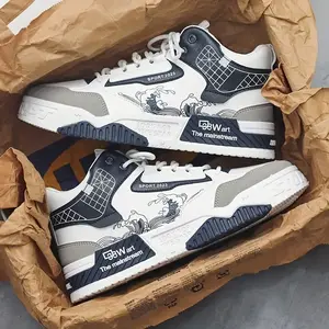 1 pair of men’s fashion skateboarding sneakers — high-top mid-top with lace-up closure, faux upper, cartoon wave pattern, comfortable non-slip PVC sole, breathable fabric lining — casual street-style shoes for outdoor activities — for men — Sui