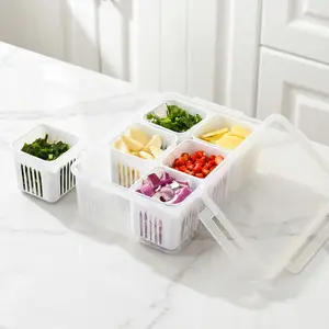 6-in-1 Divided Food Storage Container with Drain Basket, 360° Leak-Proof Stackable Fridge Organizer for Fruits and Vegetables and Meal Prep
