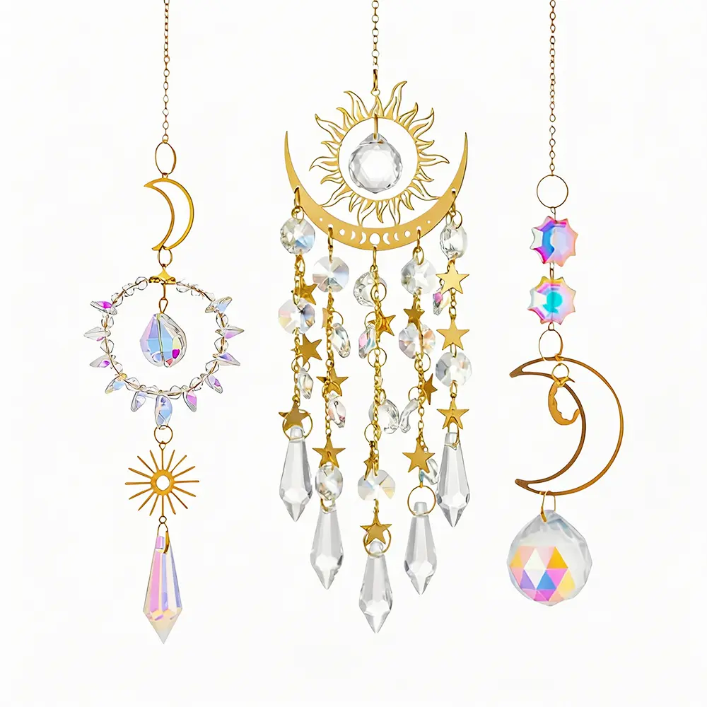 Bohemian 3-Piece Crystal Sun Catcher Set - Moon, Sun, Star Designs, Rainbow Prism Pendant, Star Garden Sculptures & Statues, Home Window Decoration