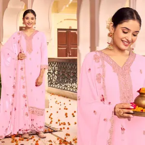 Georgette Party Wear Plaza Kurta in Pink with Decorative Embroidery and Trousers Womenswear