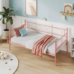 Twin Size Metal Daybed  Heavy Duty Metal Slats  Mattress Foundation Platform Sofa Bed for Living Room  Bedroom  Guest Room Pink
