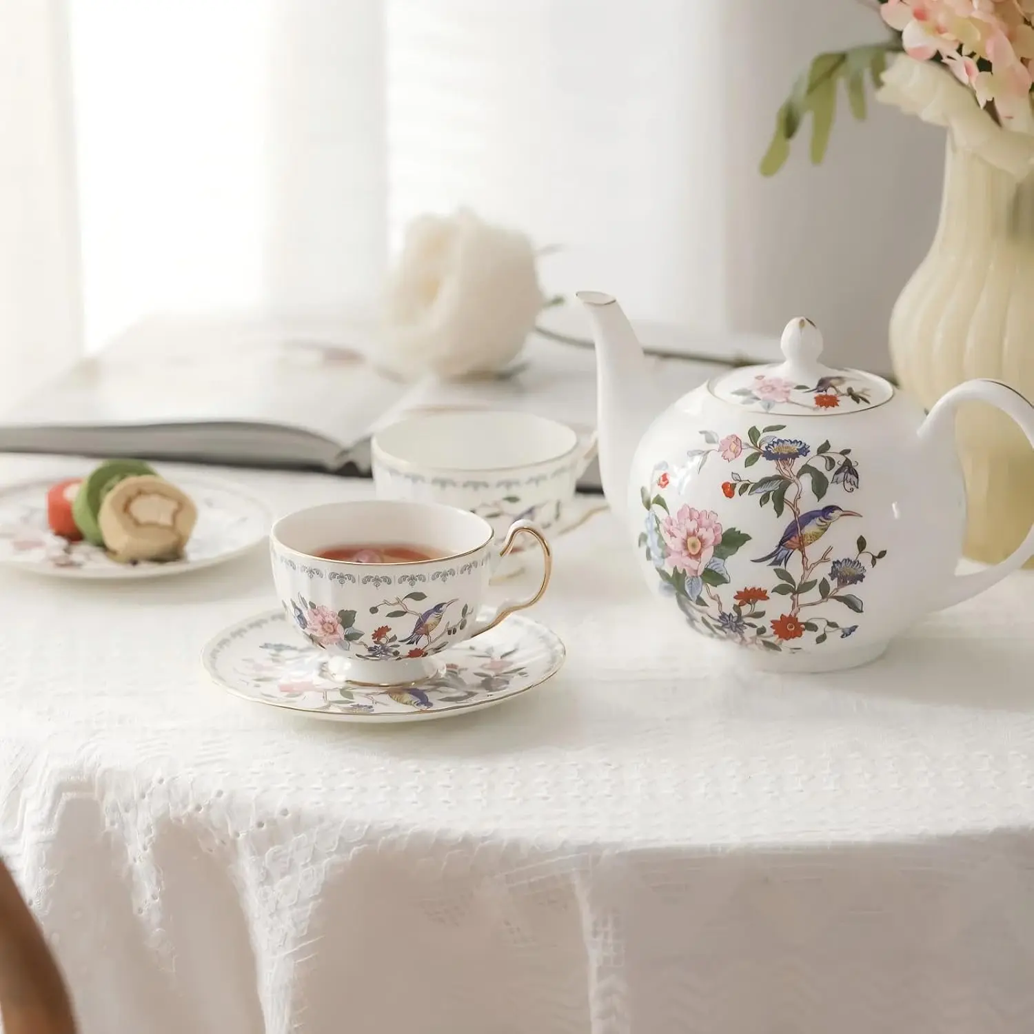 Aynsley Streford Form 7-Piece Early Morning Tea Set - Pembroke Oban, Hand-Painted Gold Rims, Oriental Motif Birds & Leaves, Century-Old Porcelain Craft, High-Temp Fired Bone China Tea Time Kitchenware