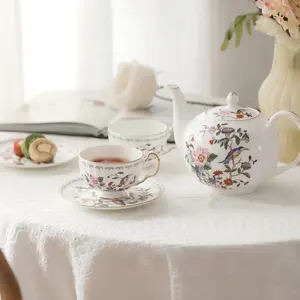 Aynsley Pembroke Oban 7-Set Early Morning Tea Set - Streford Collection, Hand-Painted Gold Rim, Oriental Motif Birds & Leaves, High-Temp Fired Bone China Kitchenware Tea & Coffeeware, Pembroke Oban 7Set