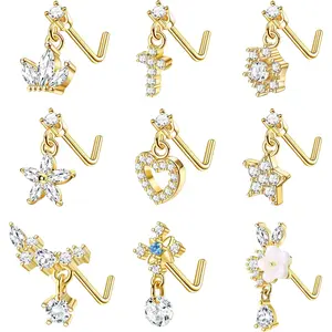 2025 Summer 9Pcs nose ring-L Shaped for Women 20G Stainless Steel with CZ Cross, Crown, Flower,Heart Dangling Piercing Jewelry  Charms Cubic Zirconia