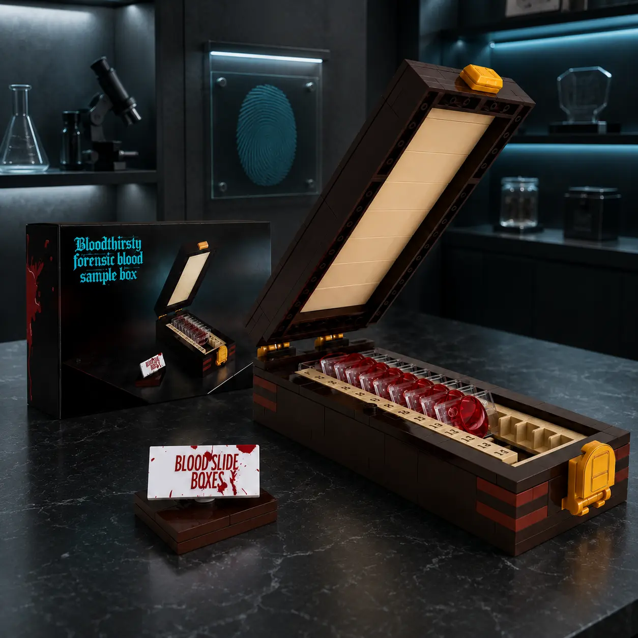 Unisex 240-Piece Forensic Blood Sample Box Brick Blocks Building Set, Hinged Archive Look Display Case with 1-14 Indexed Slots, Transparent Red Slide Elements, Unique Collector Gift & Desk Decor